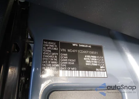 2019 Mercedes-Benz Sprinter 2500 High Roof V6 из США, поврежденный, VIN WD4PF1CD4KP108591